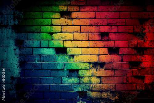 Brick wall with abstract background colours of the Pride flag, the rainbow symbol of  homosexual gay lesbian bisexual and transgender LGTB community, Generative AI stock illustration image