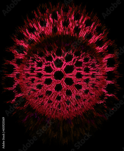 hexagonal connected vivid red pattern over a 3d sphere on  a black background