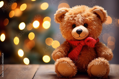Toy teddy bear in knitted scarf on Christmas tree lights background. AI Generative