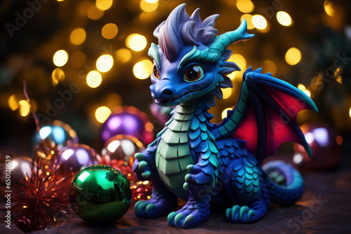 Toy dragon on Christmas tree lights background. Symbol 2024 New Year. AI Generative.