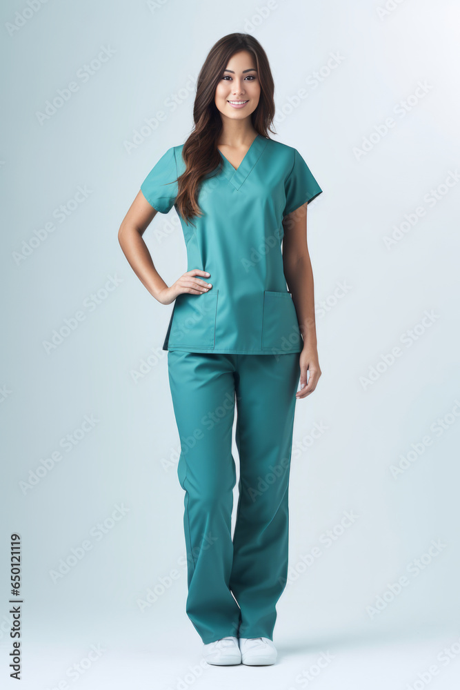 Full length portrait of a beautiful young female doctor standing against gray background Full length portrait of a beautiful young female doctor standing against gray background