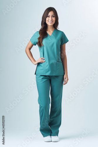 Full length portrait of a beautiful young female doctor standing against gray background