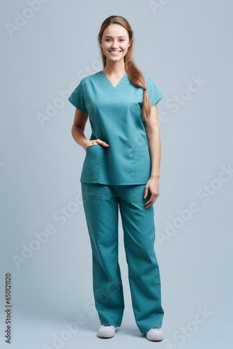 Full length portrait of smiling female doctor in blue scrubs looking at camera