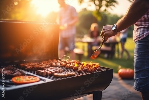 Bbq with grill and grilling meat with barbecue grilling outdoors.