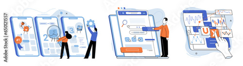 Application testing metaphor. Vector illustration. App test, rehearsal stage before actual performance Software testing, gatekeeper ensuring no bugs pass quality threshold Application testing