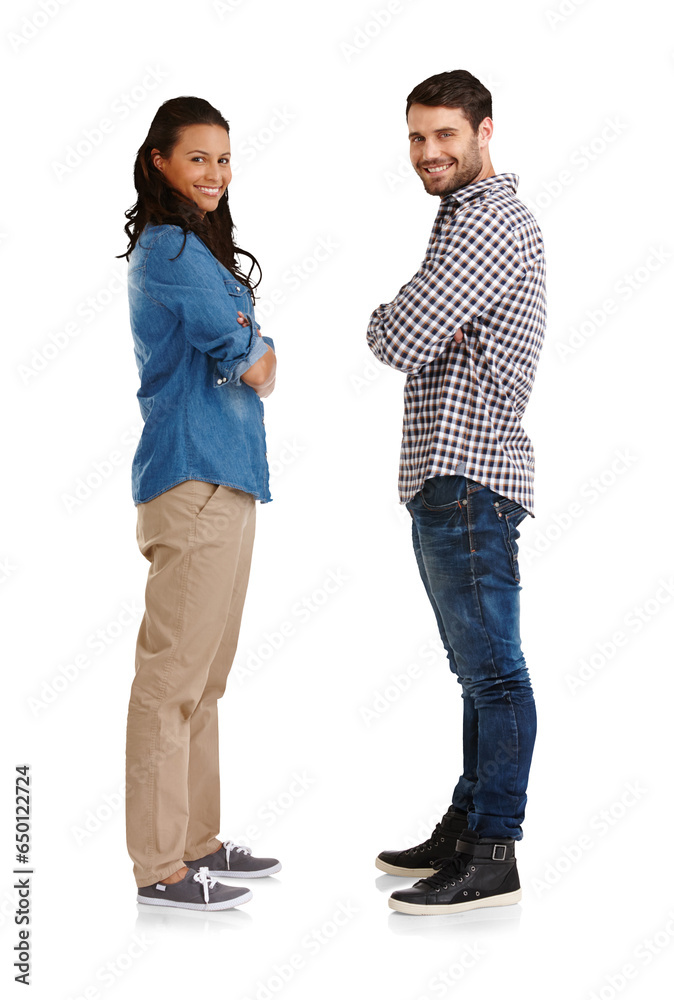 Happy couple, smiling and standing with arms folded, boyfriend and girlfriend and with happiness. Married, lovers and with smile, portrait and togetherness and isolated on transparent png background Happy couple, smiling and standing with arms folded, boyfriend and girlfriend and with happiness. Married, lovers and with smile, portrait and togetherness and isolated on transparent png background