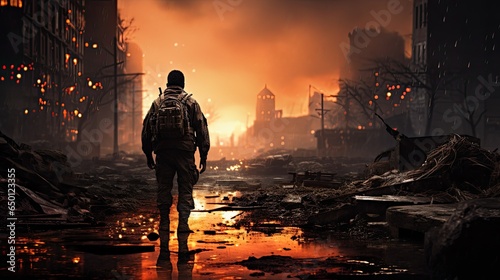 soldier walking in destroyed city, war or natural disaster concept