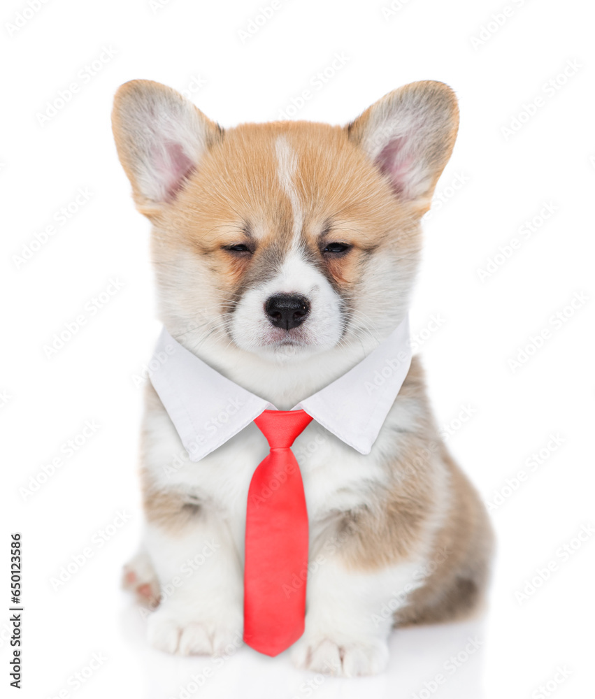 Smart Pembroke welsh corgi puppy  wearing necktie looks at camera. isolated on white background