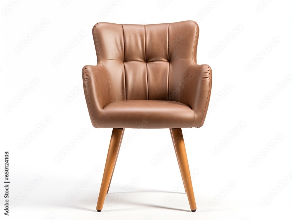 Fototapeta premium Wooden four legs round chair with leather armrests isolated in white background generative ai