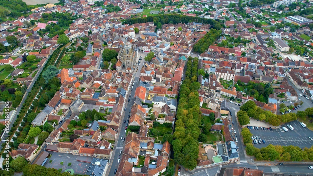 Aerial view of the city Sezanne in France on a late sunny day in summer. 