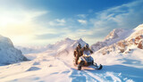 two man riding snowmobile at snowy mountain.