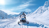 two man riding snowmobile at snowy mountain.