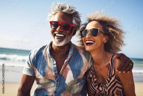 An aged man and a woman in sunglasses hug on the beach