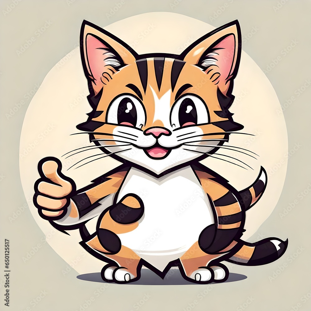 A cute happy cartoon illustration of a cat kitten mascot doing a thumbs-up hand gesture.