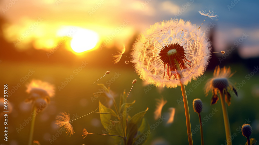 Dandelion in a field. Change, growth, movement and direction concept