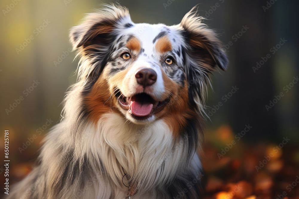 A dog of the Australian Shepherd breed sits in the park for a walk in the fall
