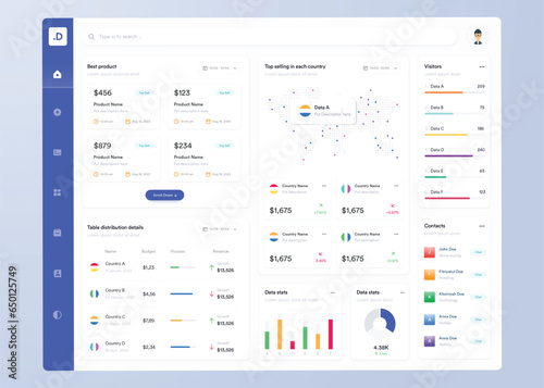 Infographic dashboard. UI design with graphs, charts and diagrams. Web interface template for business presentation.
