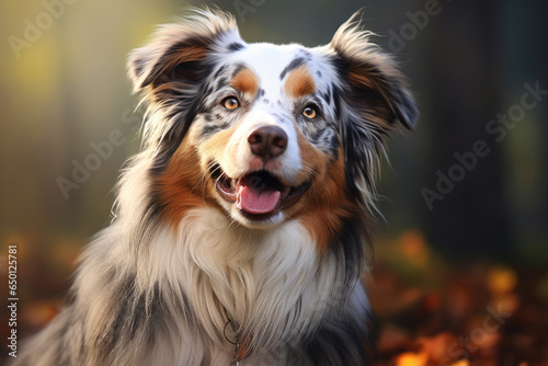 A dog of the Australian Shepherd breed sits in the park for a walk in the fall © Julia Jones