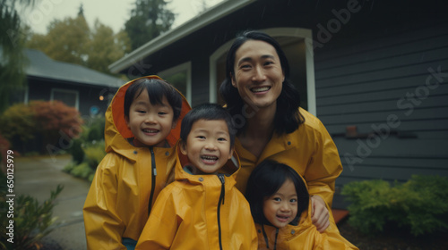 Splashing in the Rain: A Happy Asian Family, Father, and Three Children, Delight in Rainy Adventures Outside Their Home in Bright Yellow Raincoats.