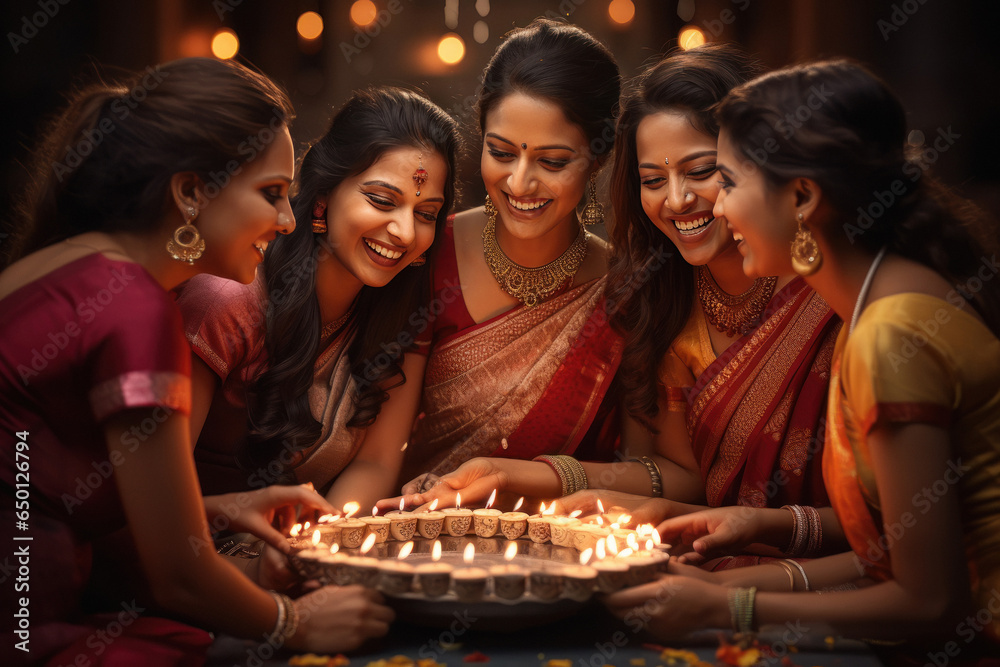 Indian women group doing flame oil lamp together and celebrating diwali festival. Indian women group doing flame oil lamp together and celebrating diwali festival.