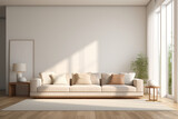 Contemporary Serenity: A Living Room Epitomizing Modern Minimalism, Beige-White Sofa Set Against Daylight's Glow Through Windows, Freshness Mock-Up.