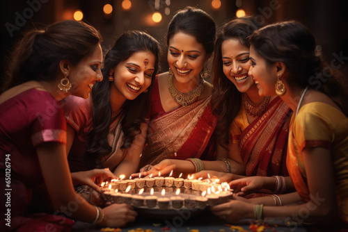 Indian women group doing flame oil lamp together and celebrating diwali festival.