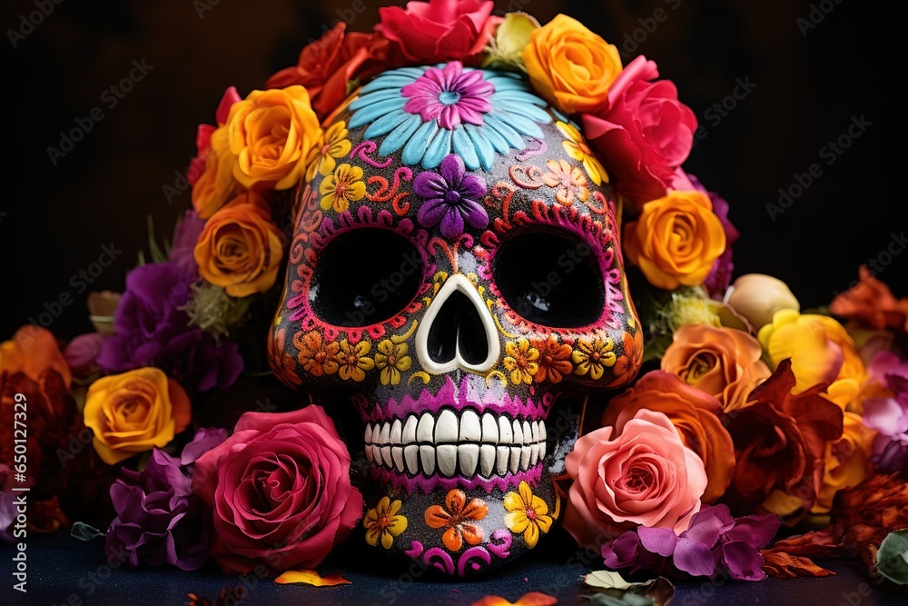 Sugar colored skull on the day of the celebration of the Day of the Dead