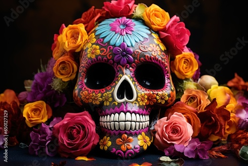 Sugar colored skull on the day of the celebration of the Day of the Dead