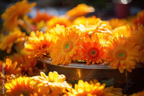 Beautiful background of bright orange calendula flowers. photo