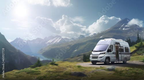 Amidst the vast mountain expanse  a lone camper van stands  embodying the spirit of summer adventures and the pursuit of nature s serenity on wheels.