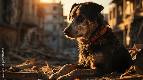 Stray Dog on a Damaged Street in Afternoon Light - A Powerful Image for Animal Rights Advocacy
 photo