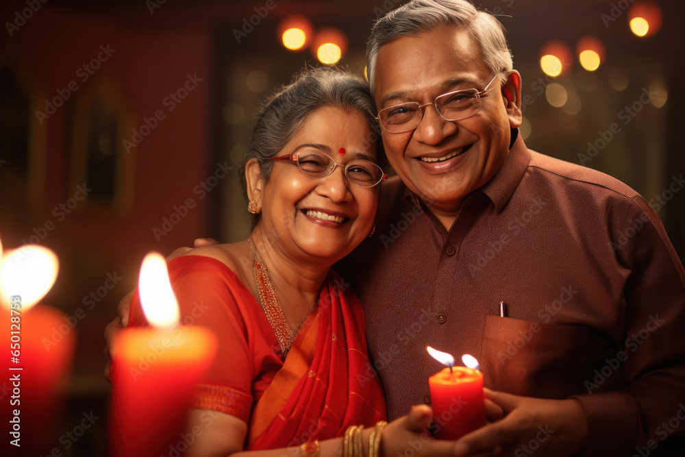 Indian senior couple celebrating diwali festival. Indian senior couple celebrating diwali festival.