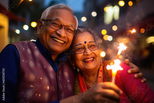 Indian senior couple celebrating diwali festival.