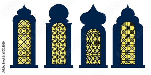 Collection of arabian oriental windows, arches and doors. Laser cut grill. Modern design in black fo frames Mosque dome and lanterns Islamic ramadan kareem and eid mubarak style. Vector illustration
