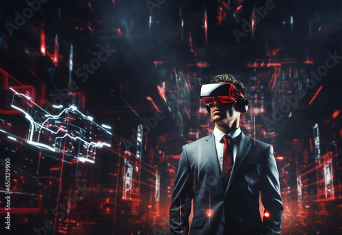 Artificial intelligence Businessman in vr glasses, red alert symbol hologram and cybersecurity technology. © Gassenee
