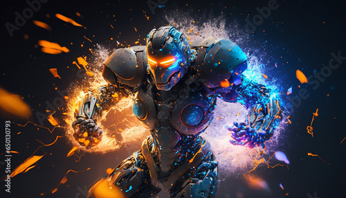 Exploding AI Metaverse Robot with Digital art style. Electric man superhero uses evil forces.