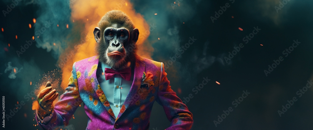 Front view of a monkey wearing a suit standing animated burs. AI Generative.