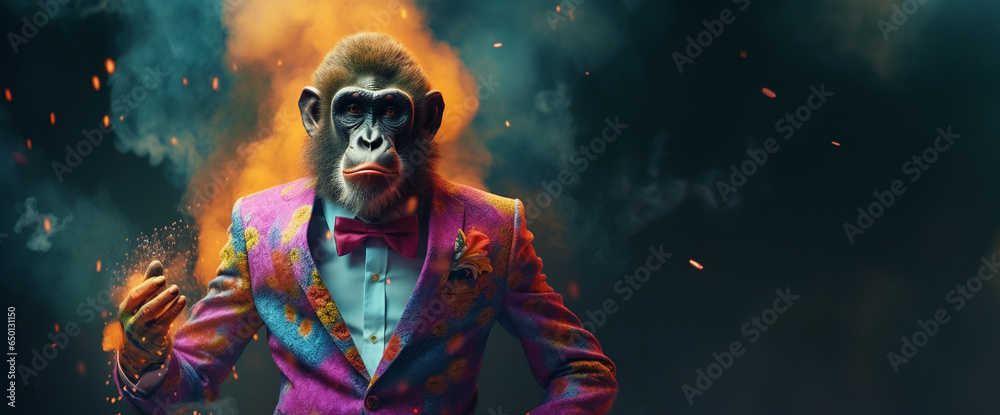 Front view of a monkey wearing a suit standing animated burs. AI Generative. Front view of a monkey wearing a suit standing animated burs. AI Generative.