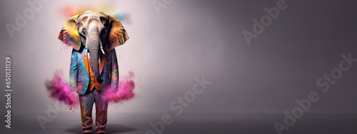 Front view of a elephant wearing a suit standing animated burs. AI Generative.