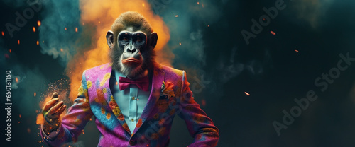 Front view of a monkey wearing a suit standing animated burs. AI Generative.