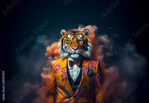 Front view of a tiger wearing a suit standing animated bur. AI Generative.
