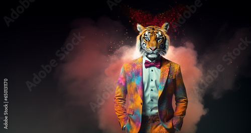 Front view of a tiger wearing a suit standing animated bur. AI Generative.
