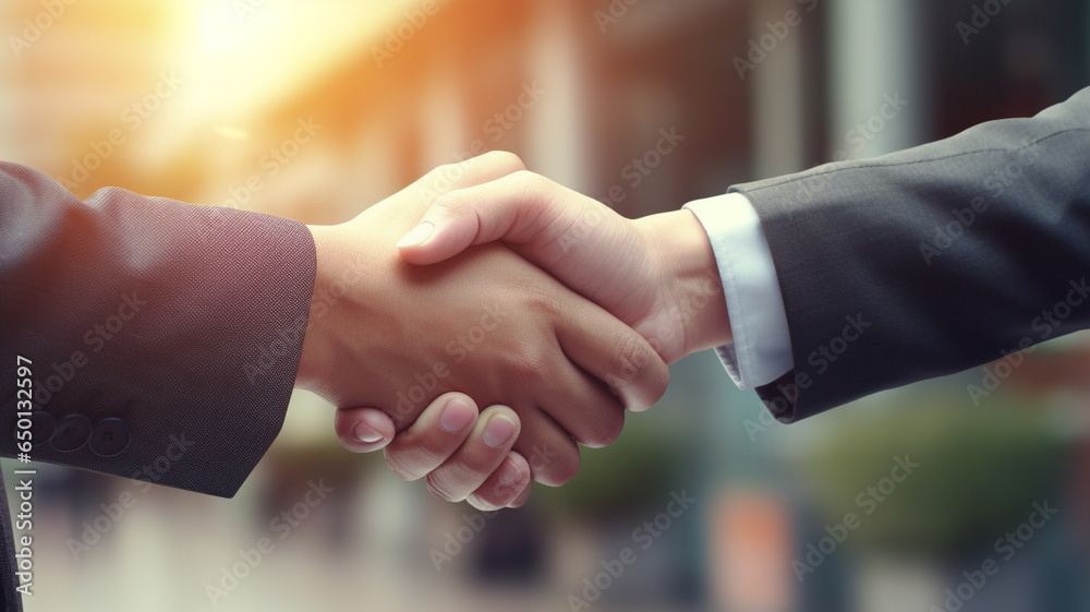 Businessman handshake on blur background with sun light. Business Concept. Generative AI Businessman handshake on blur background with sun light. Business Concept. Generative AI