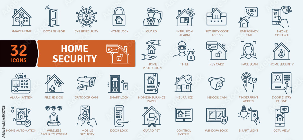 Home security icons pack includes both the security hardware placed on a property and security practices. Security hardware includes doors, locks, alarm systems and security cameras. - obrazy, fototapety, plakaty 