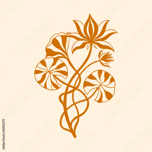 Floral lotus plant in art nouveau 1920-1930. Hand drawn in a linear style with weaves of lines, leaves and flowers.