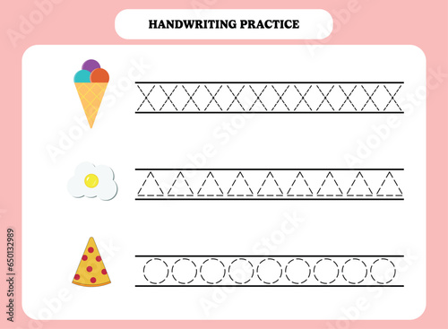 Handwriting practice for kids. Tracing lines activity. Educational worksheet design for preschool or kindergarten students.