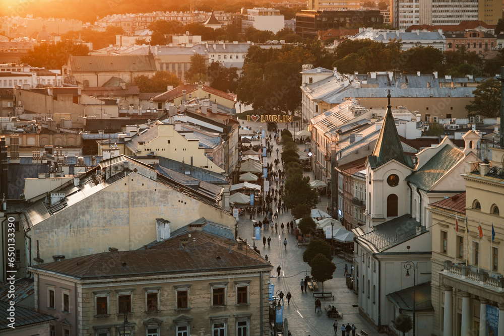 Evening sunset view of the Old Town of Lublin, Poland from the Trinitarian Tower