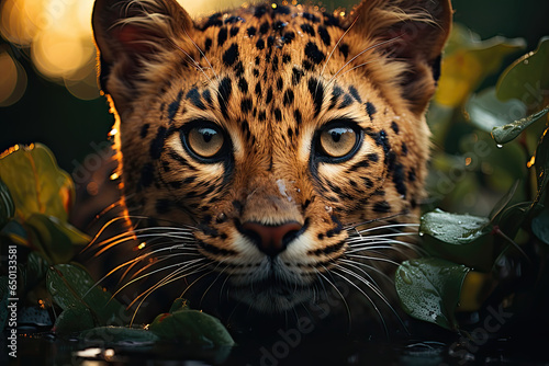 Close-up of wild cat with spots. Leopard. 