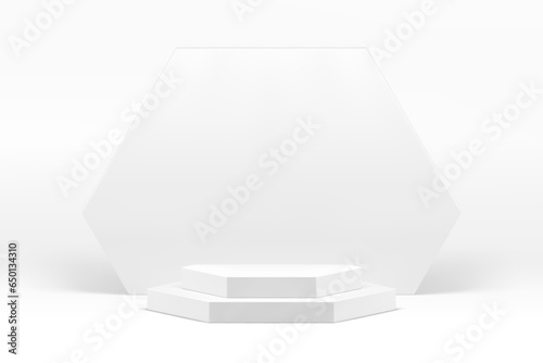 White 3d podium pastel step pedestal with hexagonal wall background realistic vector