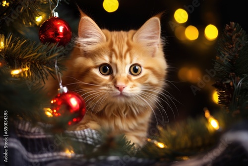 cat in decorated christmas tree. New year concept. 